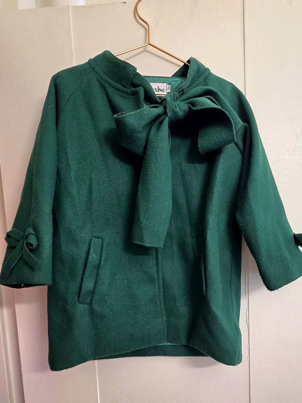 Girls Emerald Green Bow-Neck Pea Coat